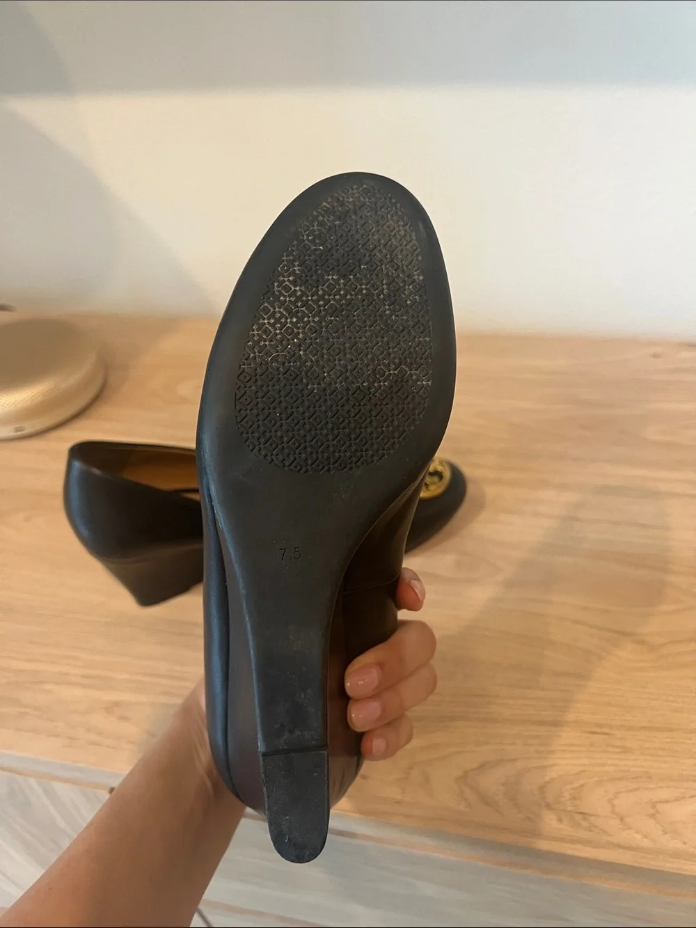 Tory Burch Black Leather Wedge Pumps with Gold Logo Medallion